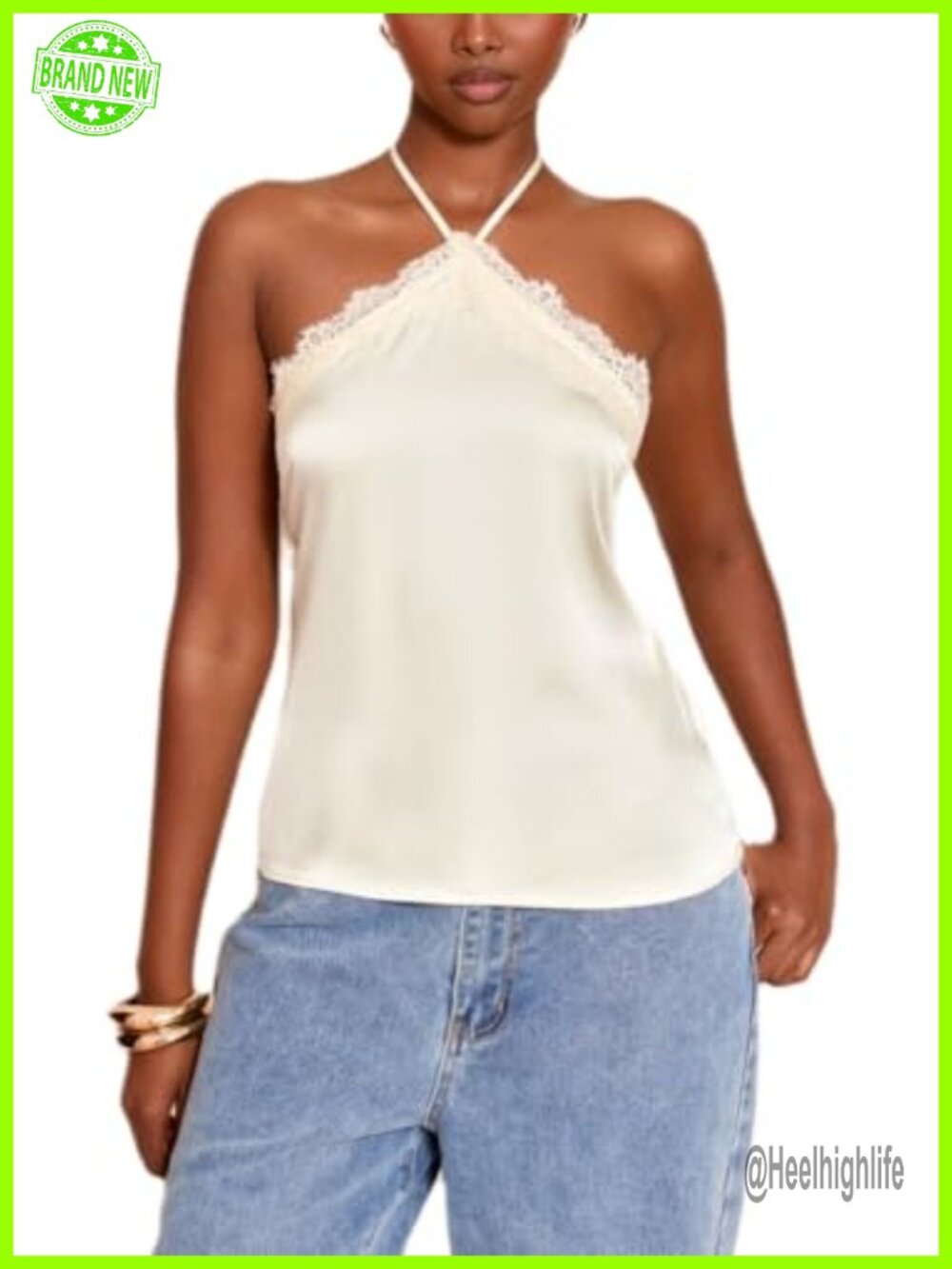 Satin Lace Cami Top Sleeveless Halter Neck Slim Fit Backless
